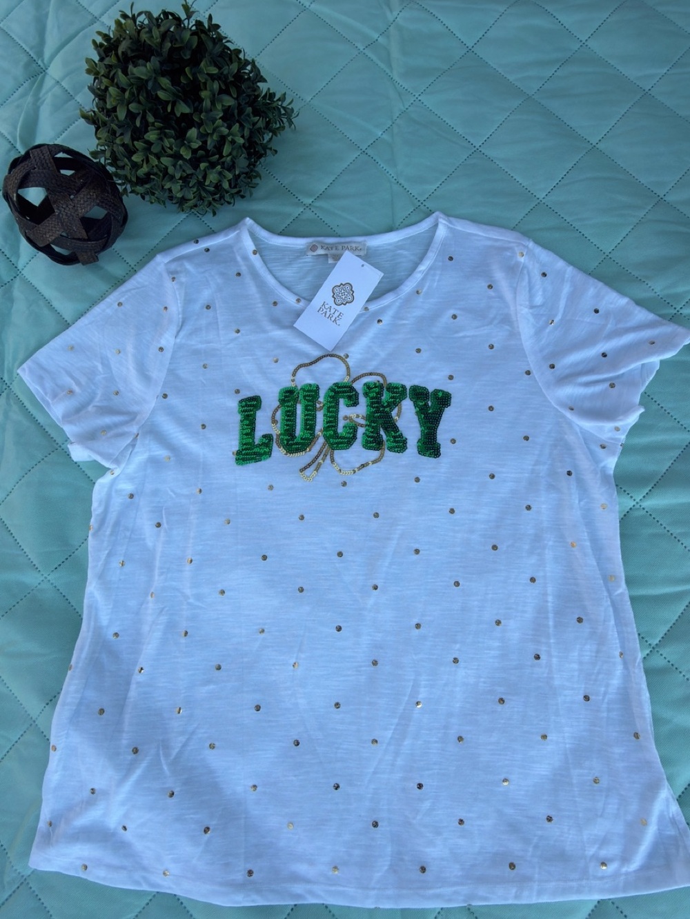 Lucky Embellished White Tee with Green Sequin Lettering
